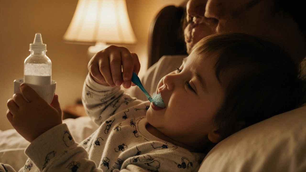 Rodič čistí zuby dítěti před spaním – klidná scéna s malou pastou a bez lahví.