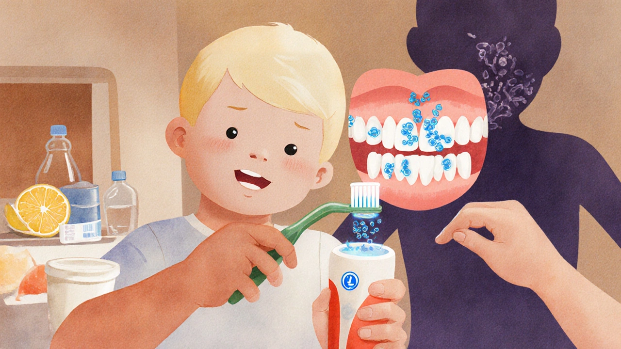 Rodič čistí zuby dítěti s bioaktivní pastou, která obsahuje příznivé bakterie chránící zuby.