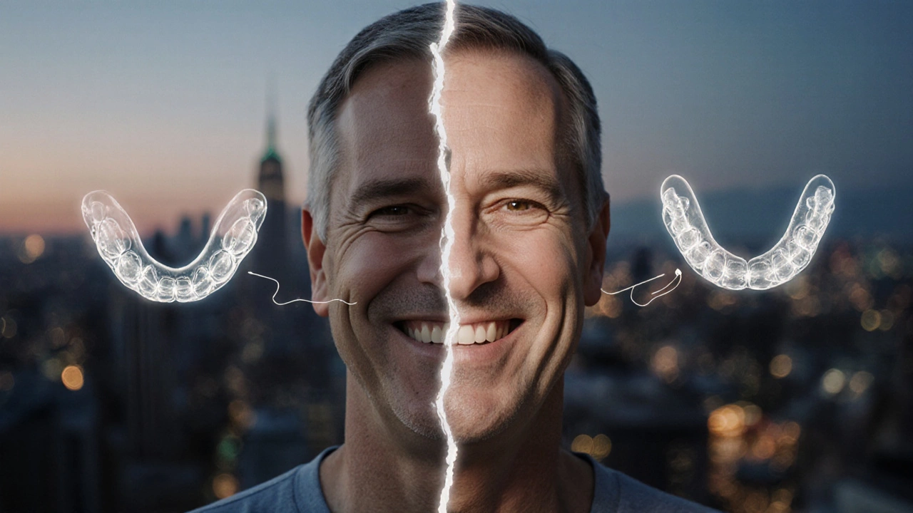 Rozdělený portrét muže s křivými a zarovnanými zuby, spojený průhlednými rovnátky.