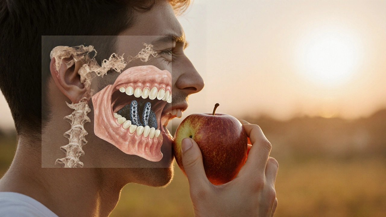 Ruka drží jablko, zatímco průhledná vrstva ukazuje implantáty pod zuby.