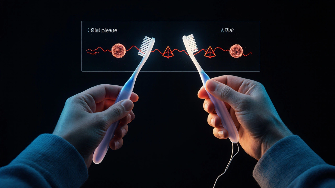 Ruka drží kartáček a nit na zuby s přehledem vzniku zubního kamene.