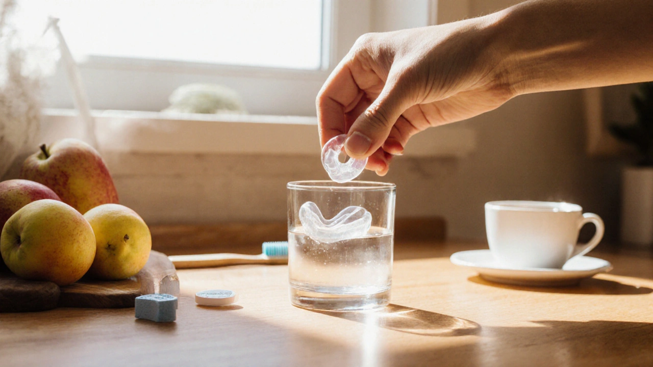 Ruka sundává průhledné rovnátka z vody na kuchyňském stole s čistící tabletou a ovocem.