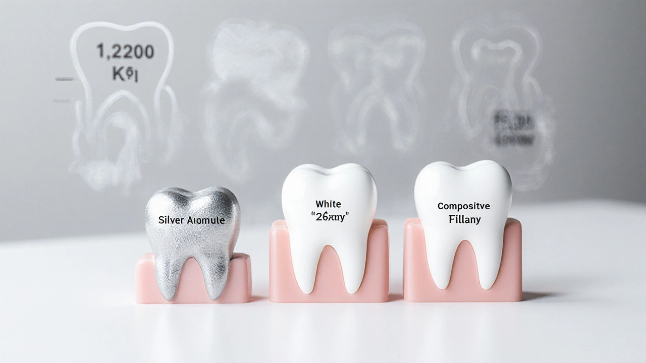 Side-by-side comparison of silver amalgam, white composite, and ceramic inlay dental fillings.