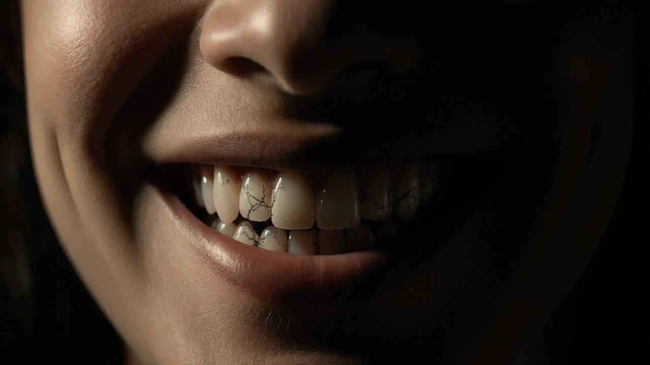 Smích s předními zuby, za kterými se skrývají skryté poškození.