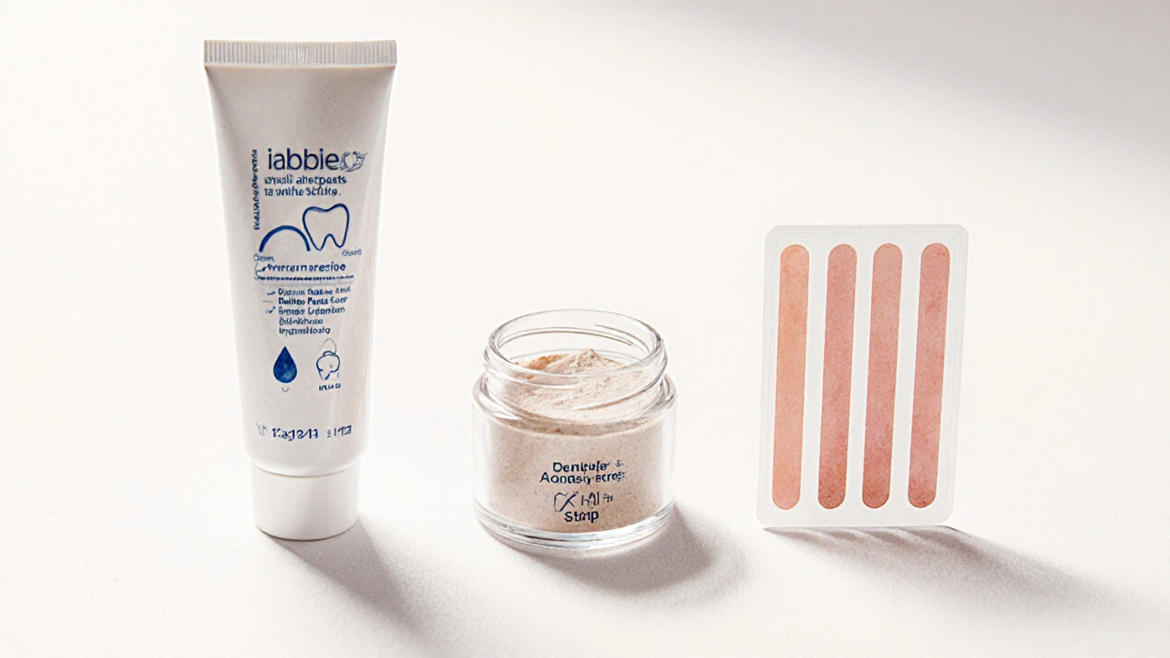 Tři typy lepidel pro zubní protézy: pasta, prášek a pásky vedle sebe.