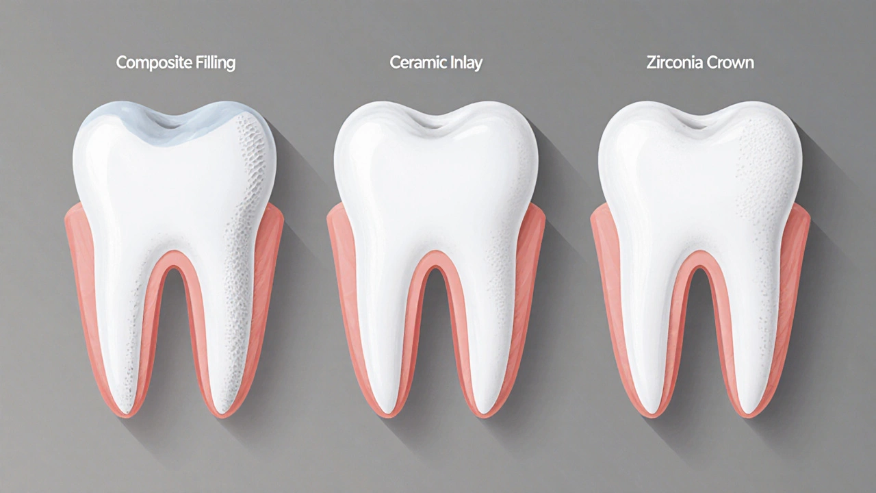 Tři typy oprav předního zubu: kompozitní plomba, keramická vkládka a korunka.