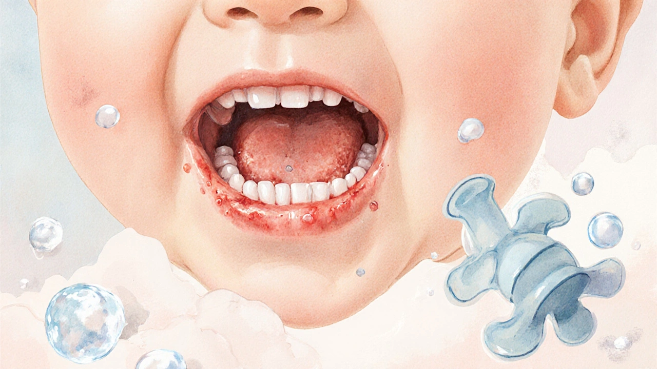 Výřez dítěteho úst s prvními zuby protrhávajícími se z oteklých dásní.