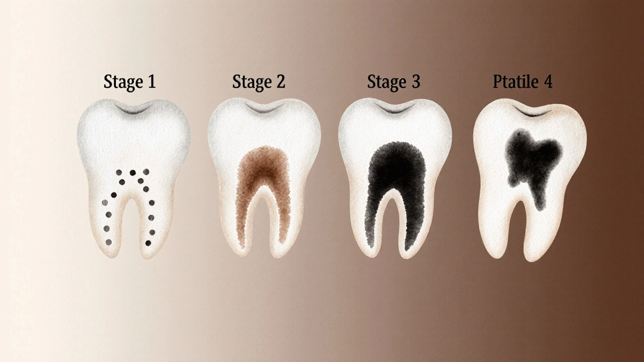 Vývoj kávy na mléčném zubu ve čtyřech fázích: od bílých skvrn po rozpad zubu.