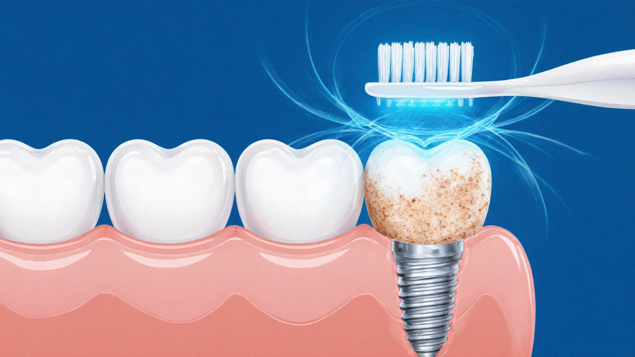 Zdravá dásň a implantát čištěné sonickými vibracemi, proti poškozené dásni s ručním kartáčkem.