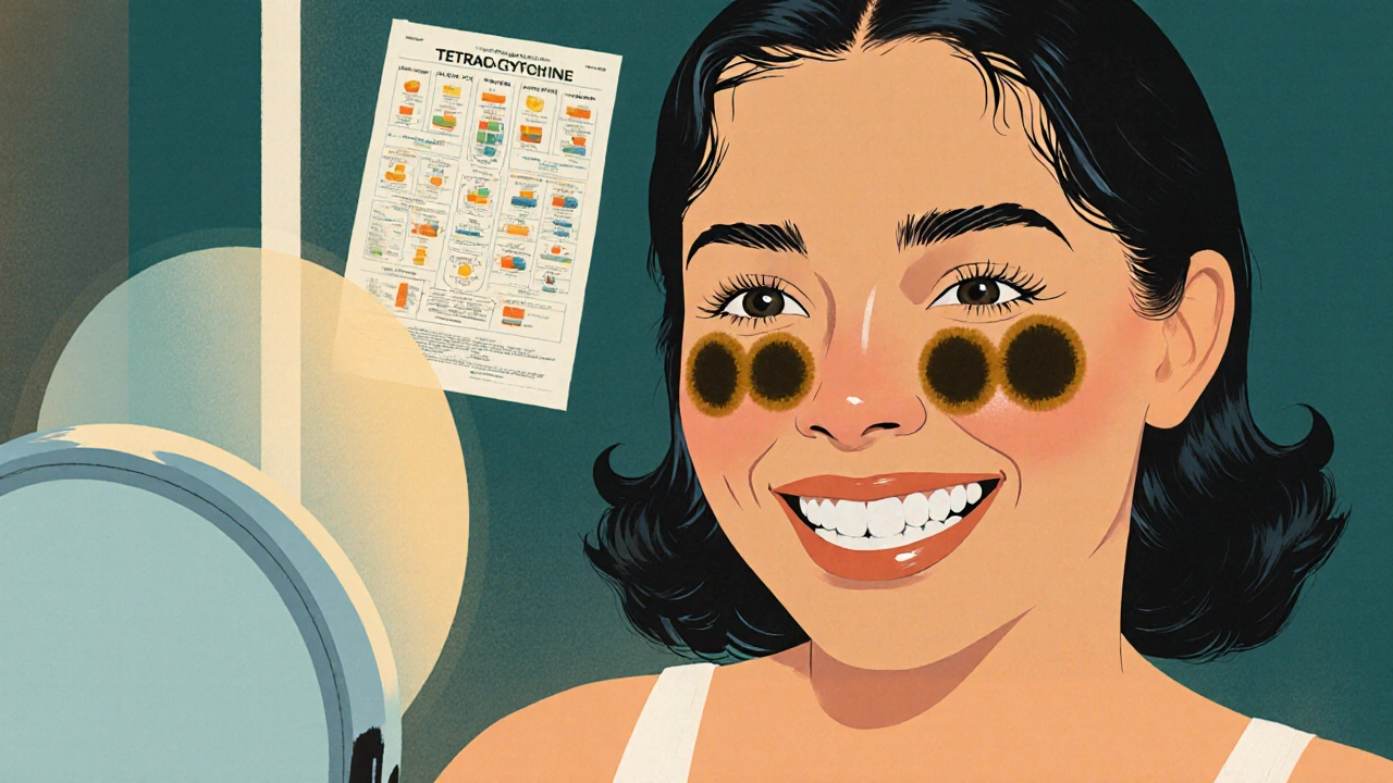 Žena se smíchem v zrcadle, která vidí tmavé skvrny na zubech.