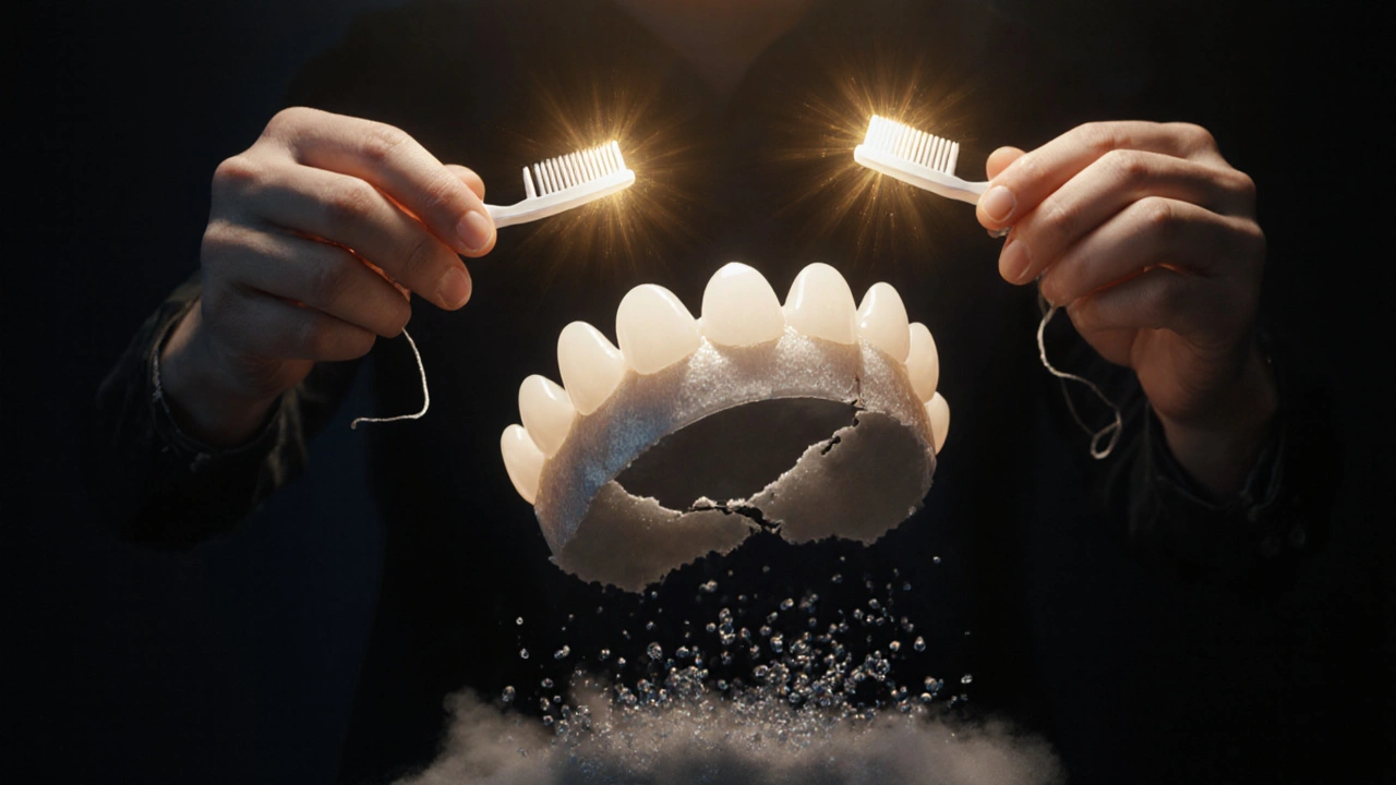 Zirkonová korunka s poškozeným cementem a bakteriemi pod ní, ruce s kartáčkem září světlem.