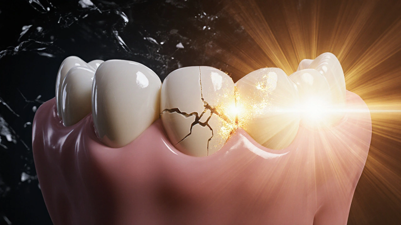 Zlomený zub se mění v zirkoniovou korunku s jemným zlatým zářením.