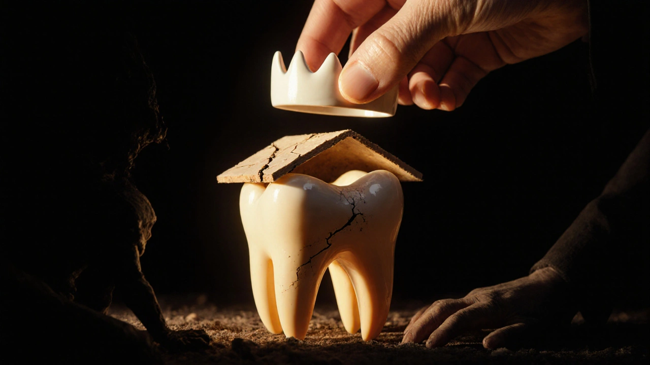 Zub jako křehký dům s korunkou jako střechou, ochraňující před rozkladem.