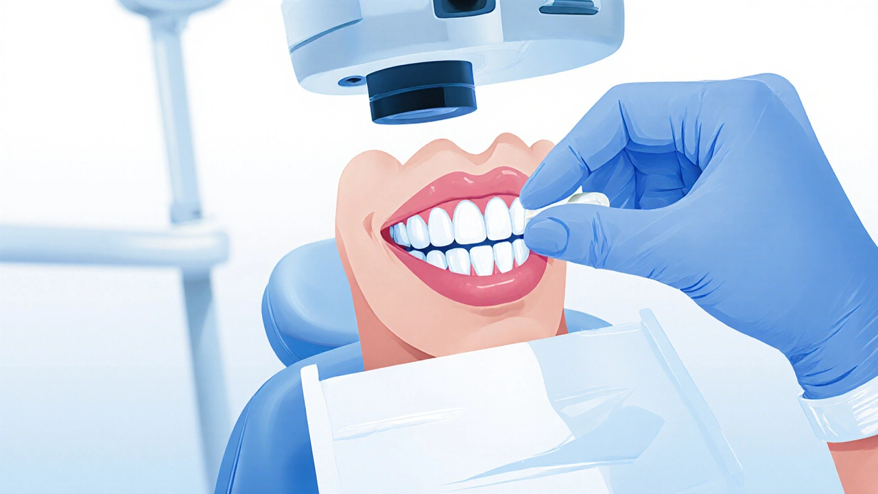 Zubař připevňuje keramickou vložku do předního zubu v moderní ordinaci.