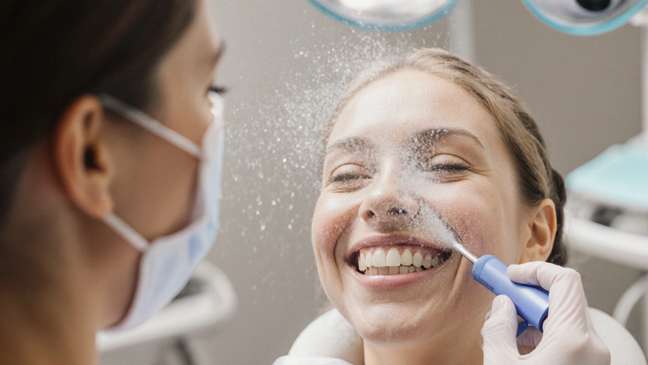 Zubní hygienistka čistí zubní můstek metodou Air Flow v klinice.