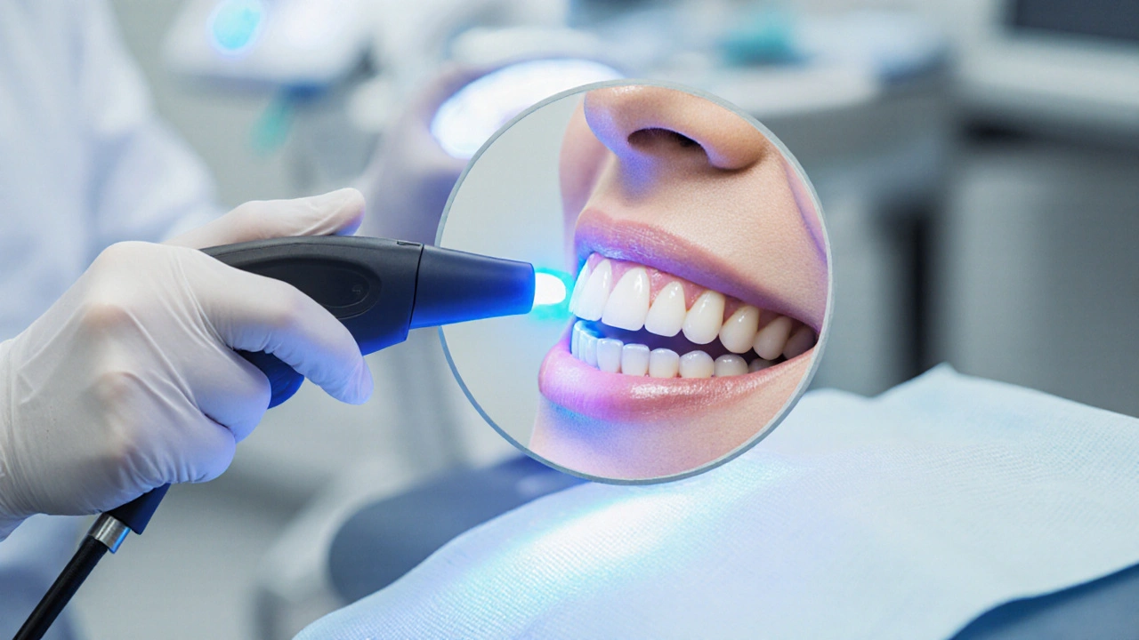 Zubní lékař používá modré světlo k zpevnění kompozitního materiálu na předním zubu.