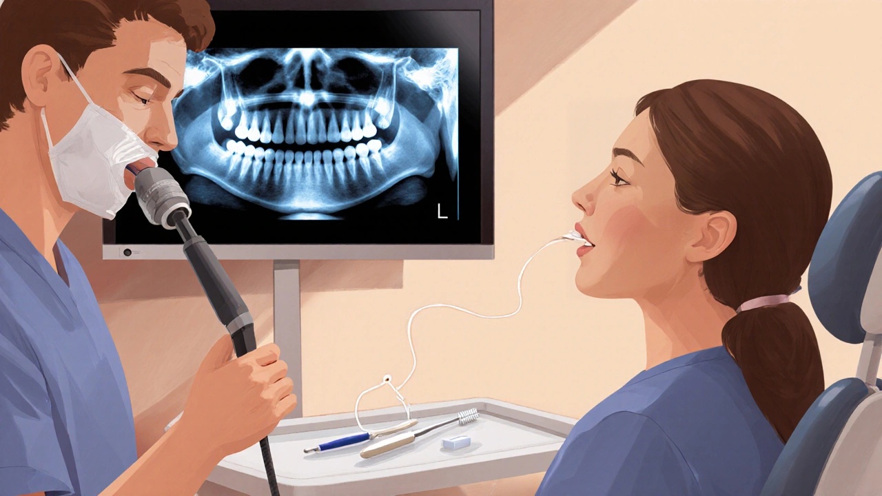 Zubní lékař prohlíží zirkonovou korunku pomocí kamery v ordinaci v Brně.