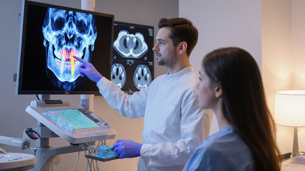 Zubní lékař ukazuje pacientovi digitální model čelisti s implantáty.