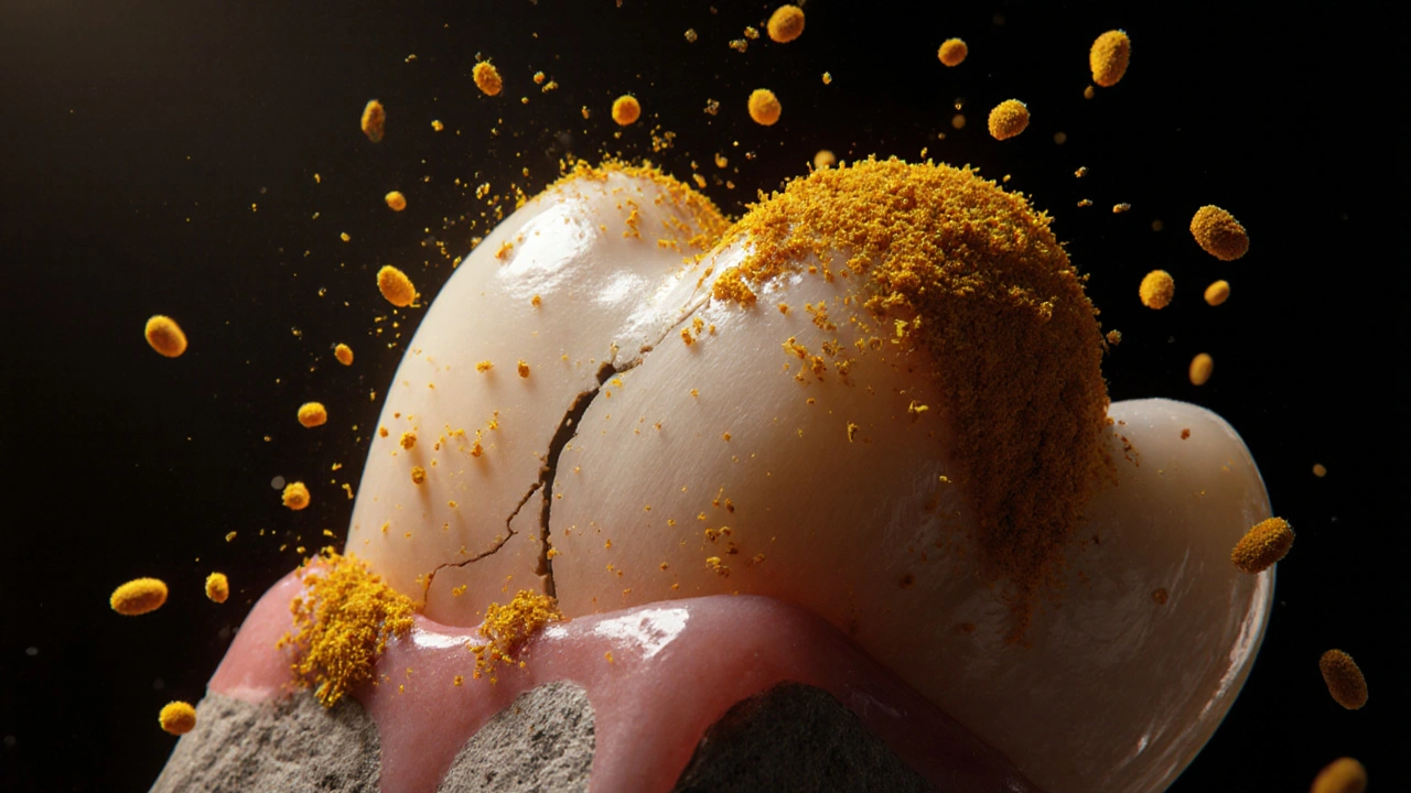 Zvětšený pohled na poškozený email způsobený abrazivními částicemi kurkumy.