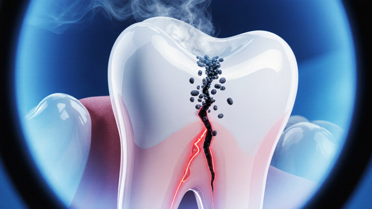 Zvětšený pohled na zub s hlubokou prasklinou vedoucí k pule, bakterie pronikají do trhliny.