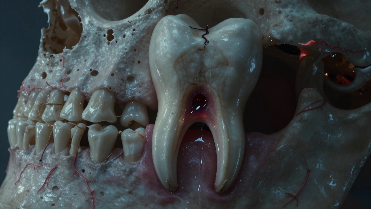 Absces na kořeni zubu s hnisem vystupujícím z dásně a poškozenou kostí.