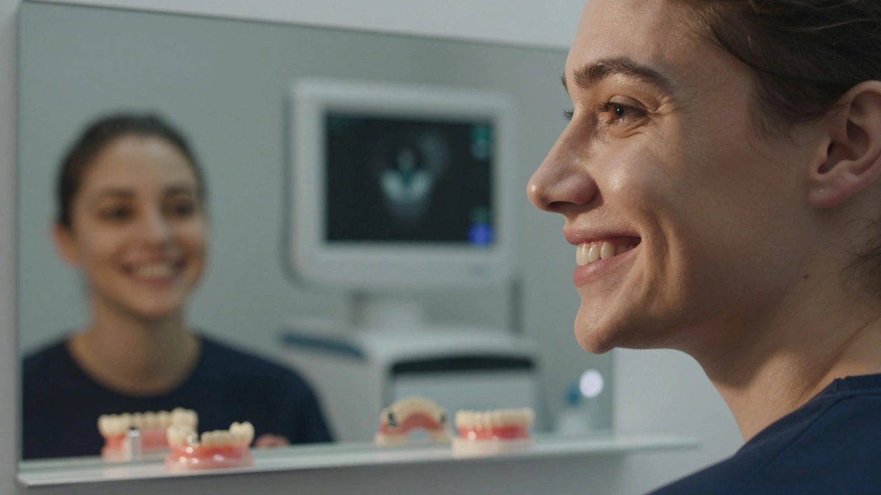 Člověk se usmívá s přirozeným zubním implantátem vedle zlomeného zubu.