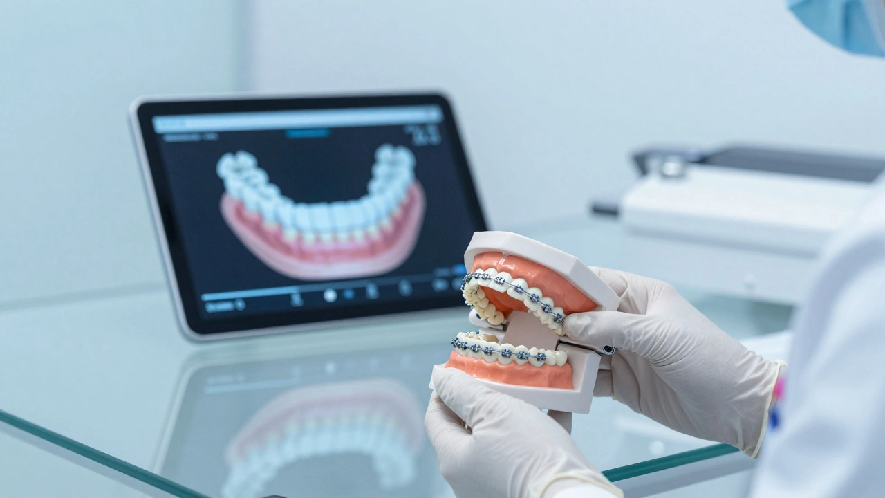 Dentista drží 3D model zubů s předem naplánovanými keramickými rovnátky, na obrazovce animace pohybu zubů.