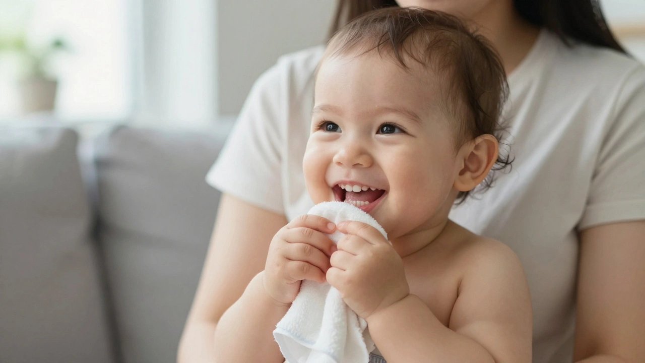 Dítě se usmívá s prvním viditelným zubem, drží čistý hadřík na klíně rodiče.