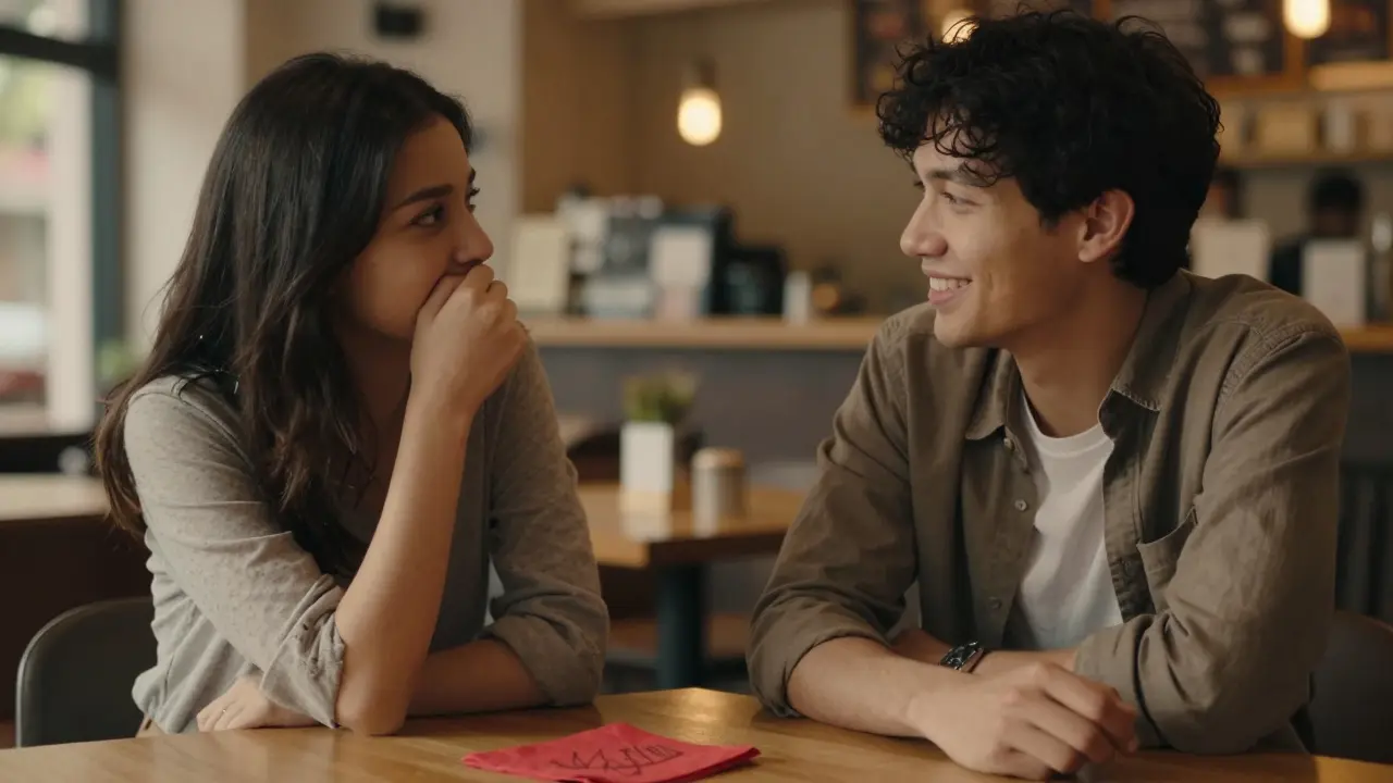 Dva lidé na první schůzce, jeden se při hovoru přikrývá ústa.