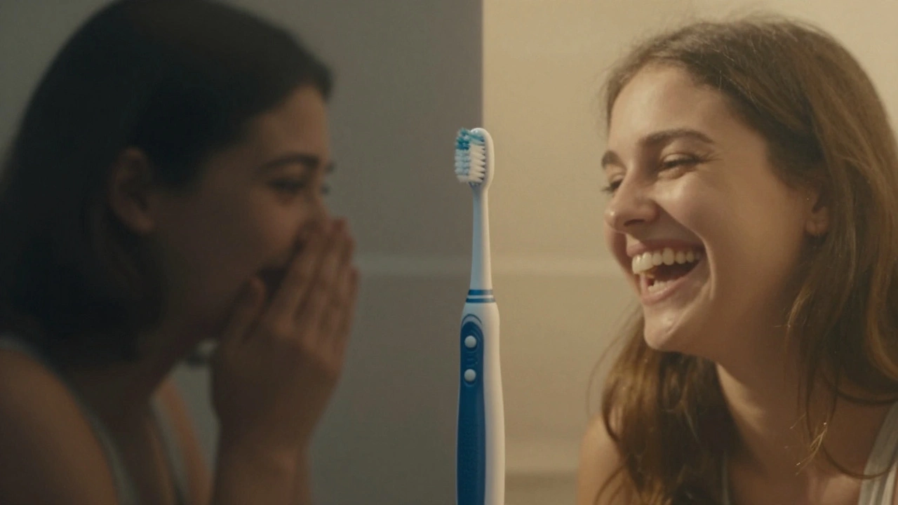 Dvě strany jedné osoby: jedna se skrývá, druhá se směje – spojeno sonickým kartáčkem.