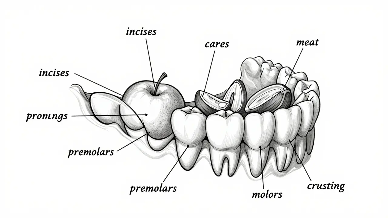Funkce jednotlivých typů zubů: řezání, trhání a mletí jídla.
