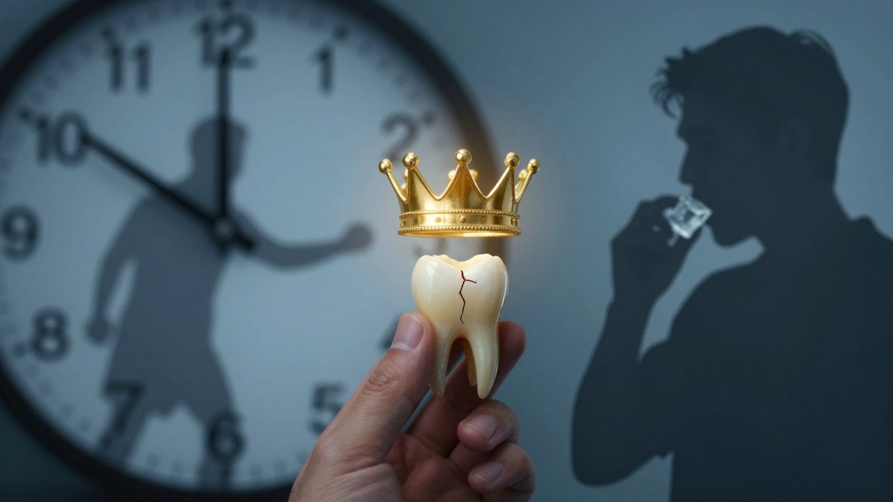 Hodiny a zub s prasklinou v kontrastu s korunkou a člověkem, který žvýká led