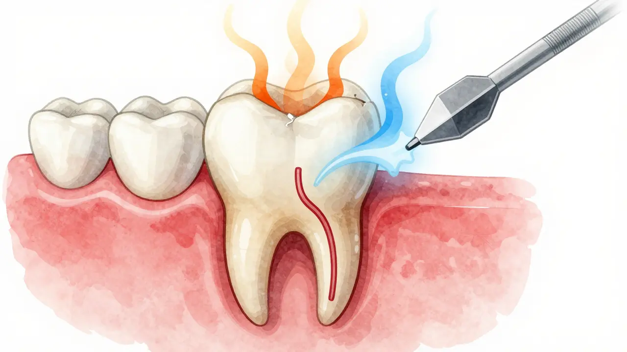 Ilustrace zubu jako budovy s odhaleným nervem, reagujícím na teplotní vlny, styl medicínského diagramu.