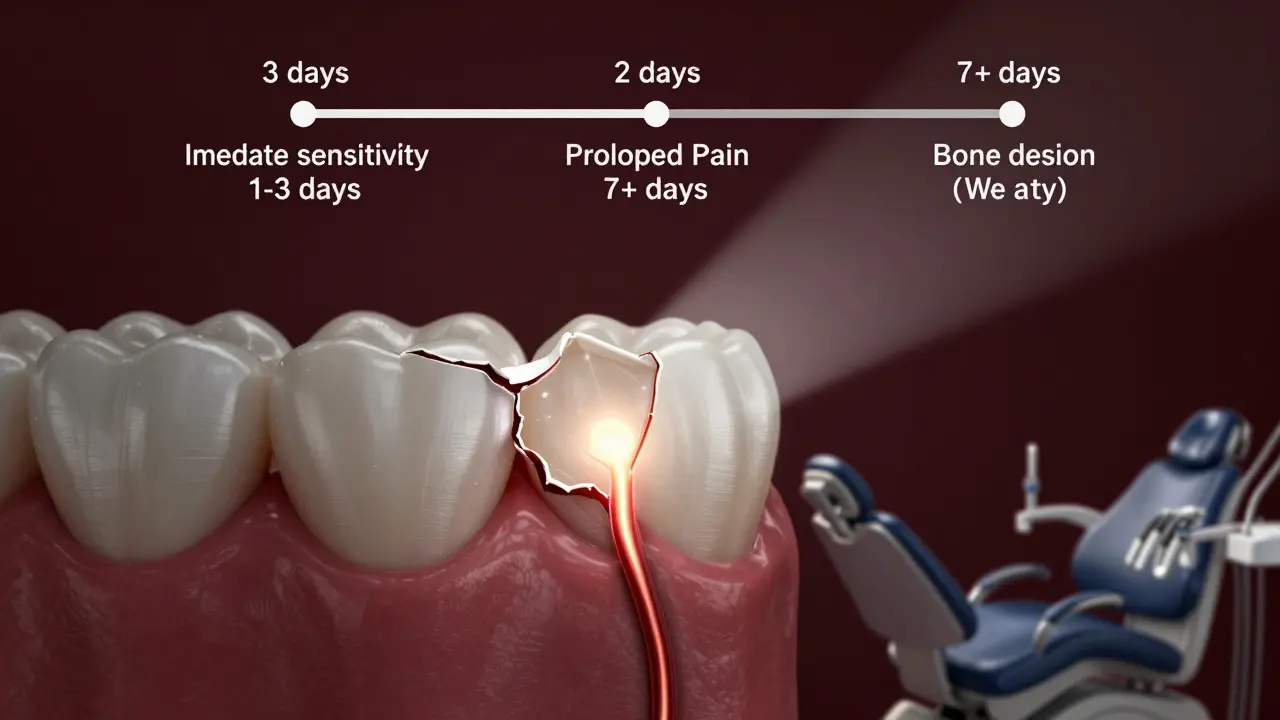 Konceptuální obrázek zubu, kde nerv postupně zhasíná, zatímco infekce šíří do kosti, symbolizující následky zpožděné léčby.