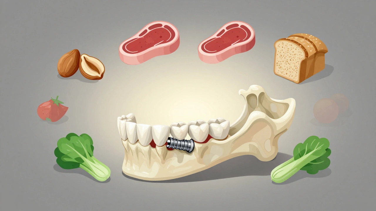 Kost čelisti s implantátem a ikonami potravin, které lze znovu jíst.