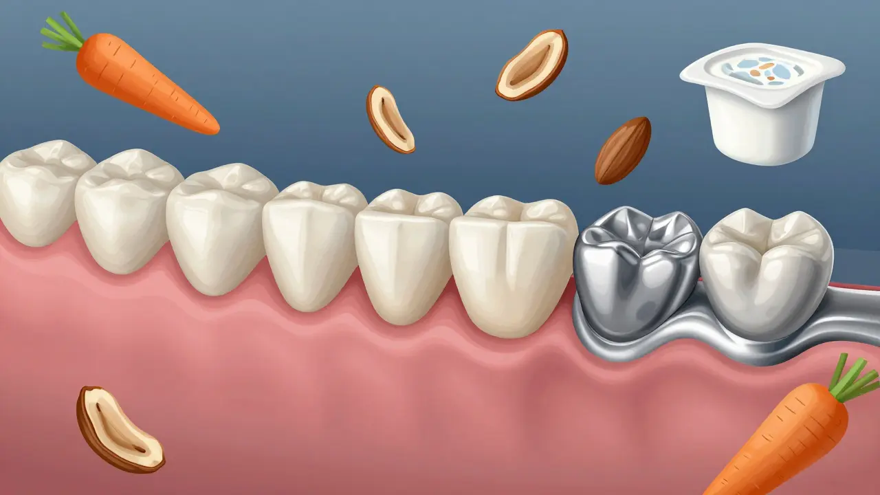 Křížový řez keramické korunky v čelisti s porovnáním tlaku a potravinami.
