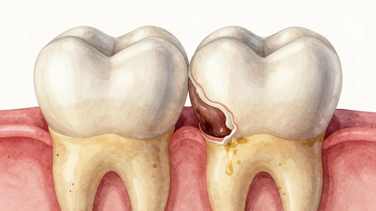 Mikroskopický pohled na zub s tenkou emailovou vrstvou a žlutým dentinem pod ní.