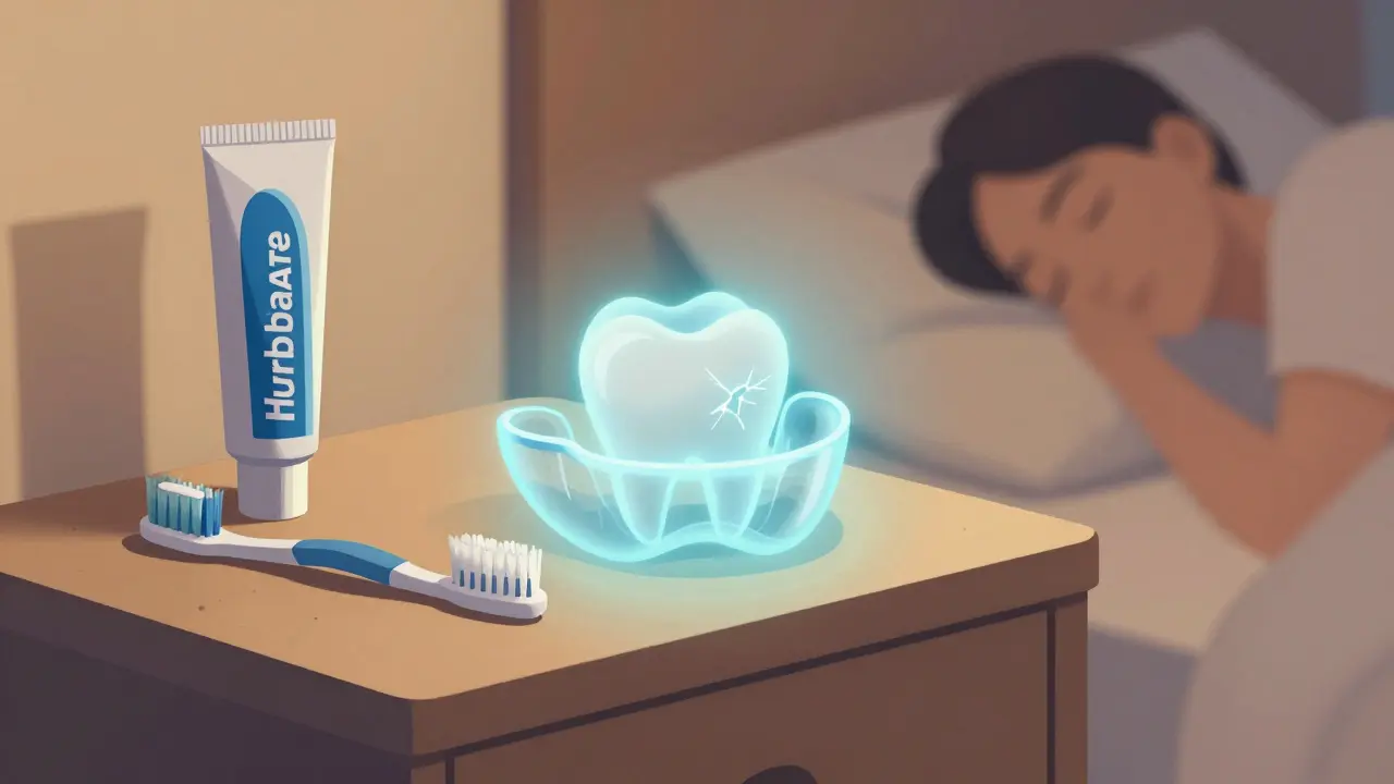 Noční štít, zubní pasta a kartáček na nočním stolku s ochranným zářením kolem zubu.