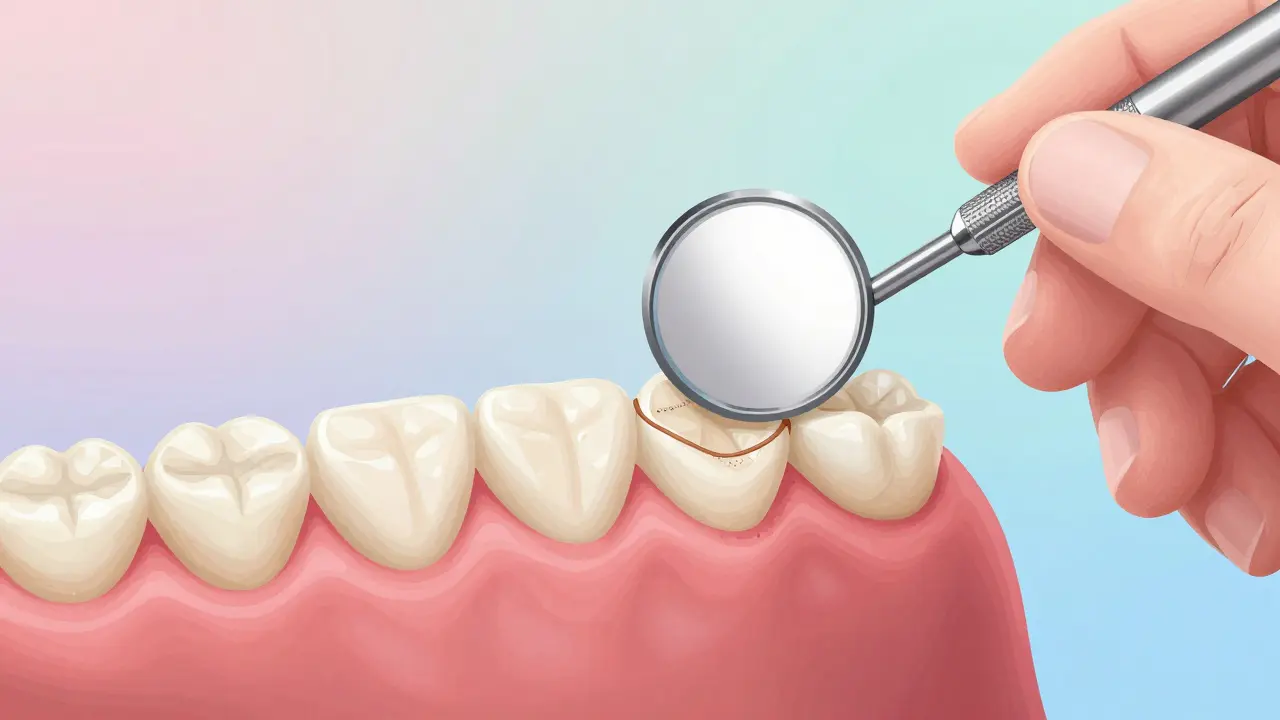 Odborník prohlíží hranici mezi keramickým a přirozeným zubem pomocí zrcátka a světla.