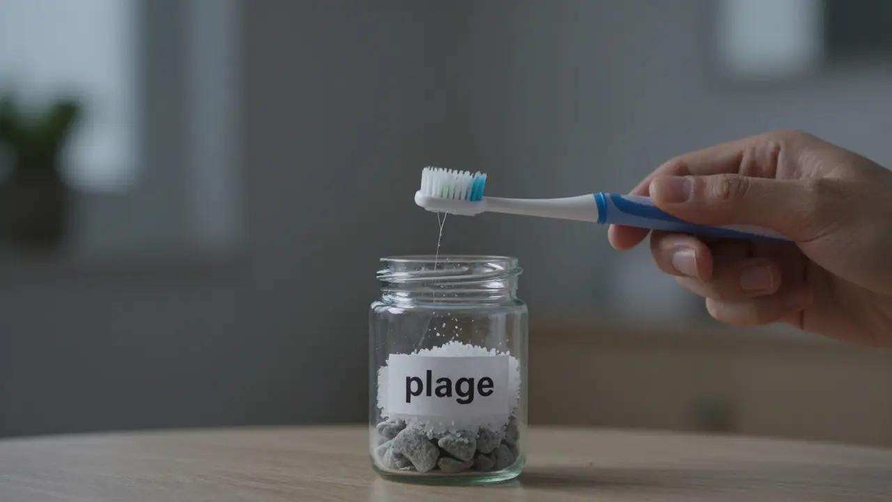 Osoba čistí zuby sonic kartáčkem a nití, vedle ní nádoba s plakem přeměňujícím se na kámen.