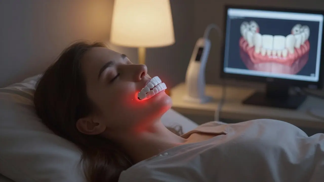 Osoba spí s zubním štítem, záře naznačuje skryté poškození.