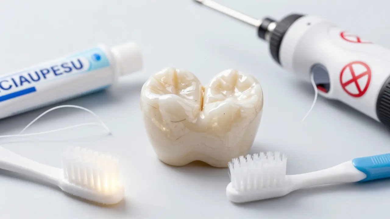 Porovnání poškozené a nepoškozené keramiky s označenými zakázanými a doporučenými nástroji.