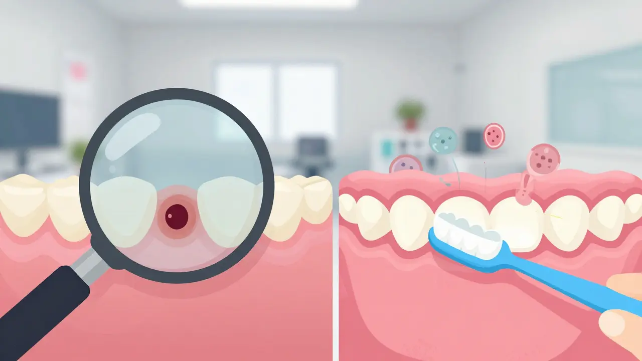 Porovnání zánětlivých a zdravých dásní s odstraněným plakem po použití mezizubního kartáčku.