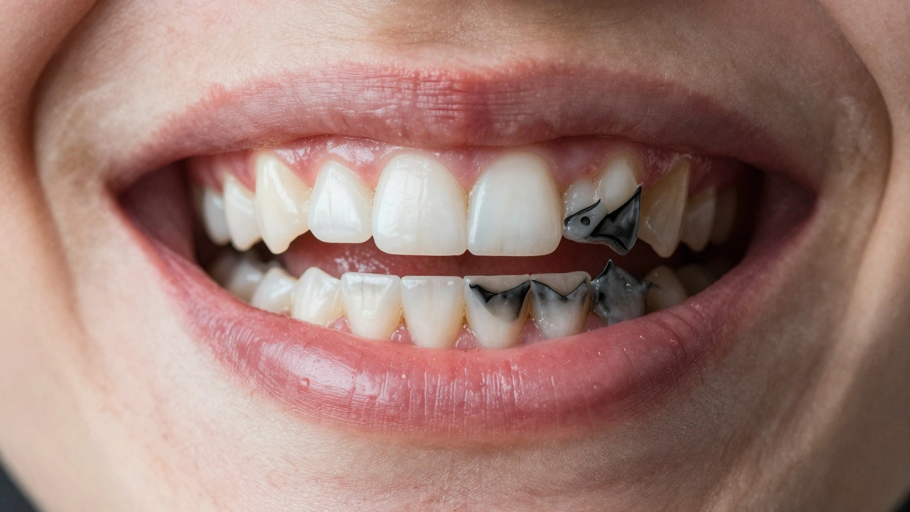 Porovnání zdravého a poškozeného ústního ústrojí s kamenem a ztrátou kosti.