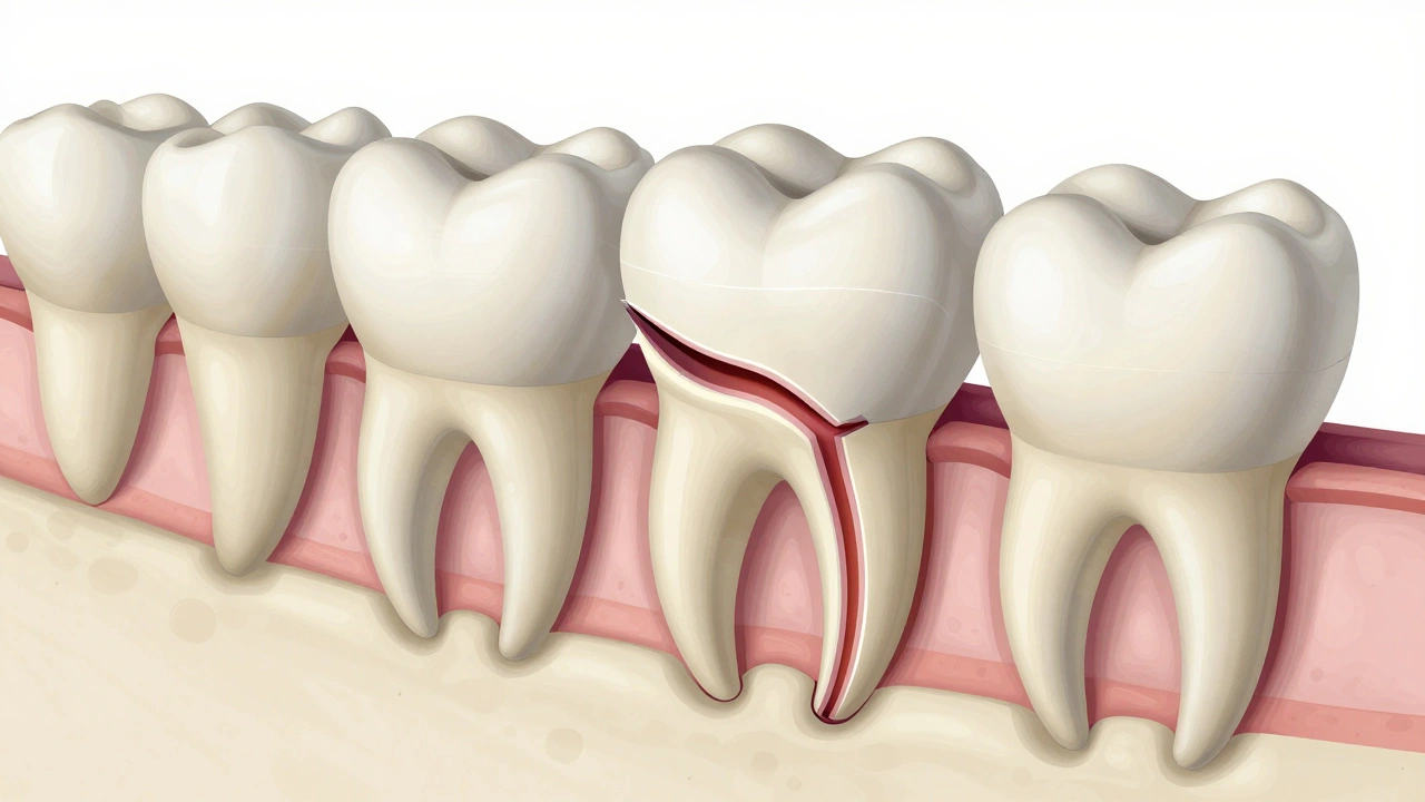 Průřez čelisti ukazující tkáně držící zub a jeho poškození.