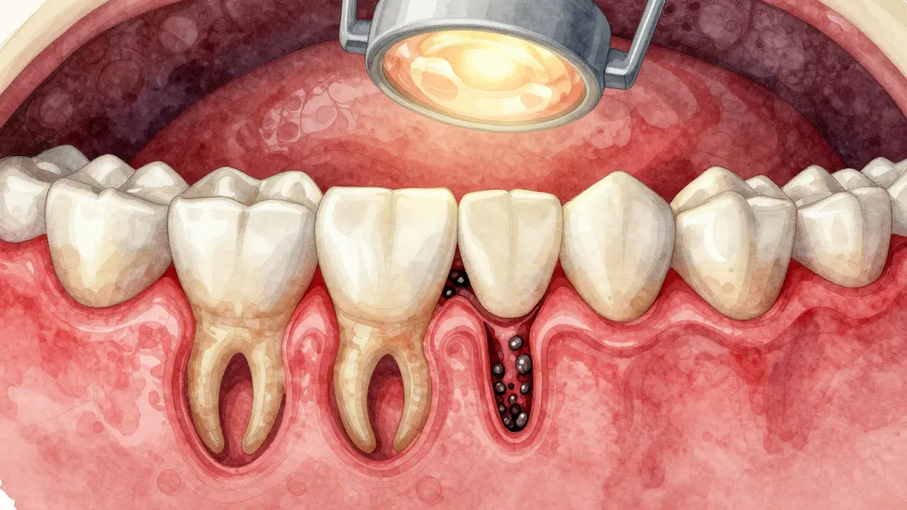Průřez zubem a dásní s viditelným zubním kamenem a zánětlivou tkání pod dásní.