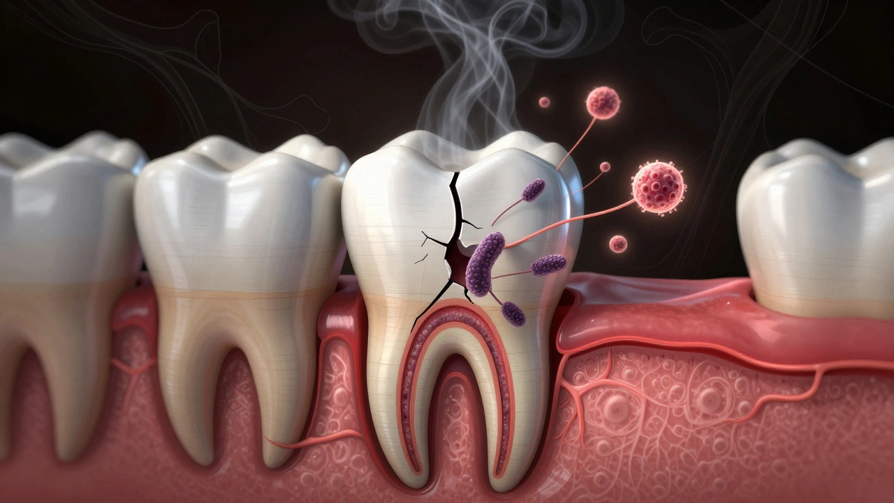 Průřez zubu s viditelnou trhlinou a bakteriemi šířícími se do pulpy