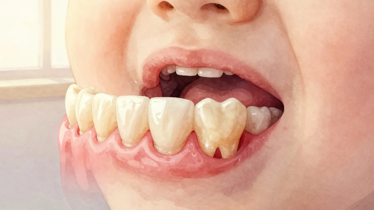 První trvalý molár vyrůstající za mléčným zubem u dítěte.