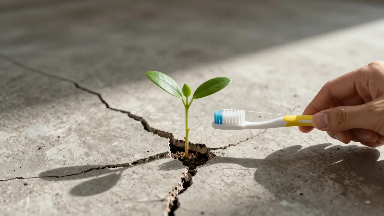 Ruce drží kartáček a nit a vedle nich roste rostlina z prasklého betonu, symbolizující zachráněné zuby.