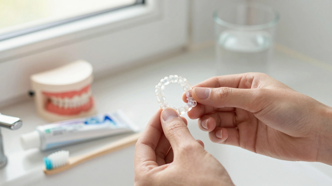 Ruky přidávají novou sadu keramických rovnátek doma, na stole zubní štětka a retentor, jemné osvětlení.